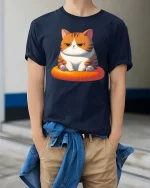 Grumpy Cute Cat T-Shirt Funny Orange Kitty Graphic Tee - model wearing navy tee with hands in pockets
