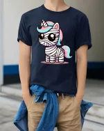 Cute Mummy Unicorn T-Shirt Funny Halloween Fantasy Tee - model wearing navy tee with hands in pockets