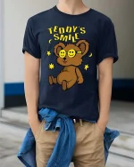 Teddy Smile T-Shirt Cute Bear Graphic Happy Face Tee - model wearing navy tee with hands in pockets