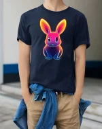 Neon Bunny T-Shirt Colorful Glow Rabbit Graphic Tee - model wearing navy tee with hands in pockets