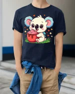 Cute Koala T-Shirt Sweet Animal Dessert Graphic Tee - model wearing navy tee with hands in pockets