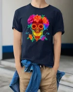 Neon Skull Flower T-Shirt Colorful Sugar Skull Graphic - model wearing navy tee with hands in pockets