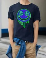 Neon Drip Smile T-Shirt Psychedelic Face Graphic Tee - model wearing navy tee with hands in pockets