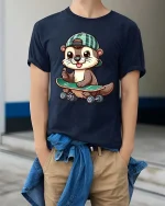 Cute Skater Otter T-Shirt Funny Animal Skateboard Tee - model wearing navy tee with hands in pockets