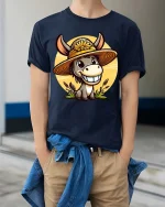 Funny Farm Donkey T-Shirt Cute Smiling Mule Graphic Tee - model wearing navy tee with hands in pockets