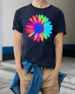 Colorful Flower T-Shirt Vibrant Rainbow Floral Graphic Tee - model wearing navy tee with hands in pockets