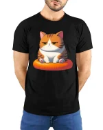 Grumpy Cute Cat T-Shirt Funny Orange Kitty Graphic Tee - model wearing black tee with hands behind back