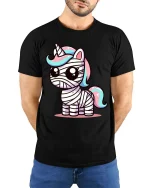Cute Mummy Unicorn T-Shirt Funny Halloween Fantasy Tee - model wearing black tee with hands behind back