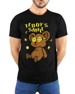 Teddy Smile T-Shirt Cute Bear Graphic Happy Face Tee - model wearing black tee with hands behind back