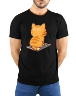 Cute Orange Cat T-Shirt Funny Sitting Kitty Back View Tee - model wearing black tee with hands behind back