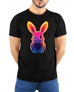 Neon Bunny T-Shirt Colorful Glow Rabbit Graphic Tee - model wearing black tee with hands behind back