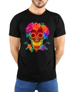 Neon Skull Flower T-Shirt Colorful Sugar Skull Graphic - model wearing black tee with hands behind back