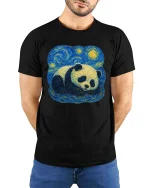Sleeping Panda T-Shirt Starry Night Style Animal Art Tee - model wearing black tee with hands behind back