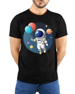 Astronaut Balloon T-Shirt Cute Space Explorer Graphic - model wearing black tee with hands behind back