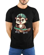 Cute Skater Otter T-Shirt Funny Animal Skateboard Tee - model wearing black tee with hands behind back