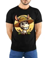 Funny Farm Donkey T-Shirt Cute Smiling Mule Graphic Tee - model wearing black tee with hands behind back