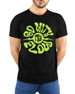 Go With The Flow T-Shirt Retro Psychedelic Graphic Tee - model wearing black tee with hands behind back