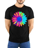 Colorful Flower T-Shirt Vibrant Rainbow Floral Graphic Tee - model wearing black tee with hands behind back