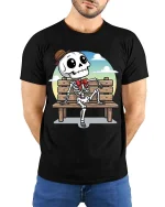 Funny Skeleton Bench T-Shirt Cute Cartoon Skull Graphic - model wearing black tee with hands behind back