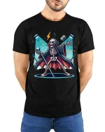 Rock Star Skeleton T-Shirt Funny Halloween Music Tee - model wearing black tee with hands behind back
