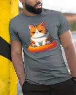 Grumpy Cute Cat T-Shirt Funny Orange Kitty Graphic Tee - model wearing grey tee, leaning on column