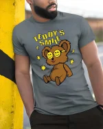 Teddy Smile T-Shirt Cute Bear Graphic Happy Face Tee - model wearing grey tee, leaning on column