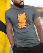 Cute Orange Cat T-Shirt Funny Sitting Kitty Back View Tee - model wearing grey tee, leaning on column