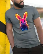 Neon Bunny T-Shirt Colorful Glow Rabbit Graphic Tee - model wearing grey tee, leaning on column