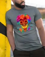 Neon Skull Flower T-Shirt Colorful Sugar Skull Graphic - model wearing grey tee, leaning on column