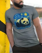 Sleeping Panda T-Shirt Starry Night Style Animal Art Tee - model wearing grey tee, leaning on column