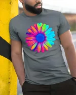 Colorful Flower T-Shirt Vibrant Rainbow Floral Graphic Tee - model wearing grey tee, leaning on column