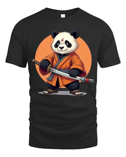 Samurai Panda T-Shirt Cool Martial Arts Graphic Tee Art Tees - black t-shirt on white background