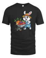 Farmer Bunny T-Shirt Cute Rabbit Gardening Graphic Tee - black t-shirt on white background