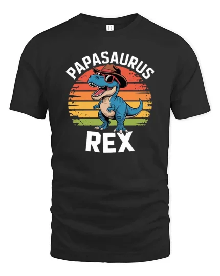 Papasaurus Rex T-Shirt Funny Dino Dad Graphic Retro Tee - black t-shirt on white background