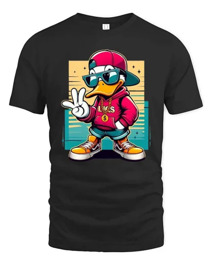 Cool Duck T-Shirt Hip Hop Streetwear Cartoon Graphic Tee - black t-shirt on white background