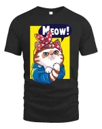 Meow Cat T-Shirt Cute Retro Kitty Cartoon Graphic Tee - black t-shirt on white background