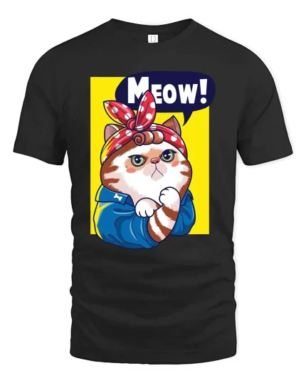 Meow Cat T-Shirt Cute Retro Kitty Cartoon Graphic Tee - black t-shirt on white background