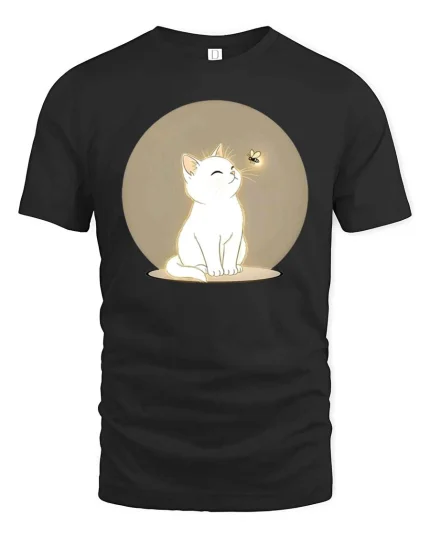 Cute White Cat T-Shirt Minimal Aesthetic Pet Graphic Tee - black t-shirt on white background