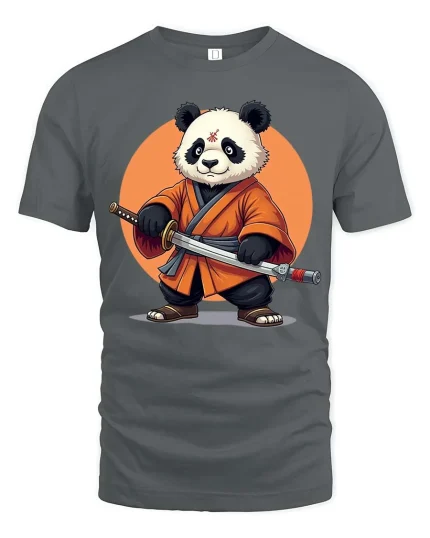 Samurai Panda T-Shirt Cool Martial Arts Graphic Tee Art Tees - gray t-shirt on white background