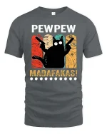 Funny Pew Pew Cat T-Shirt Retro Humor Graphic Tee Shirt - gray t-shirt on white background