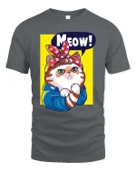 Meow Cat T-Shirt Cute Retro Kitty Cartoon Graphic Tee - gray t-shirt on white background