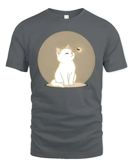 Cute White Cat T-Shirt Minimal Aesthetic Pet Graphic Tee - gray t-shirt on white background