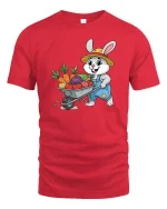 Farmer Bunny T-Shirt Cute Rabbit Gardening Graphic Tee - red t-shirt on white background