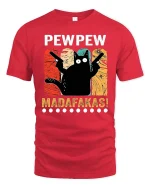 Funny Pew Pew Cat T-Shirt Retro Humor Graphic Tee Shirt - red t-shirt on white background
