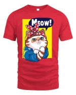 Meow Cat T-Shirt Cute Retro Kitty Cartoon Graphic Tee - red t-shirt on white background