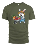 Farmer Bunny T-Shirt Cute Rabbit Gardening Graphic Tee - military green t-shirt on white background