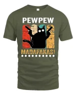 Funny Pew Pew Cat T-Shirt Retro Humor Graphic Tee Shirt - military green t-shirt on white background
