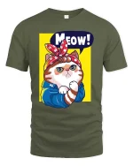 Meow Cat T-Shirt Cute Retro Kitty Cartoon Graphic Tee - military green t-shirt on white background