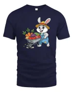 Farmer Bunny T-Shirt Cute Rabbit Gardening Graphic Tee - navy t-shirt on white background