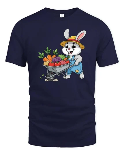 Farmer Bunny T-Shirt Cute Rabbit Gardening Graphic Tee - navy t-shirt on white background